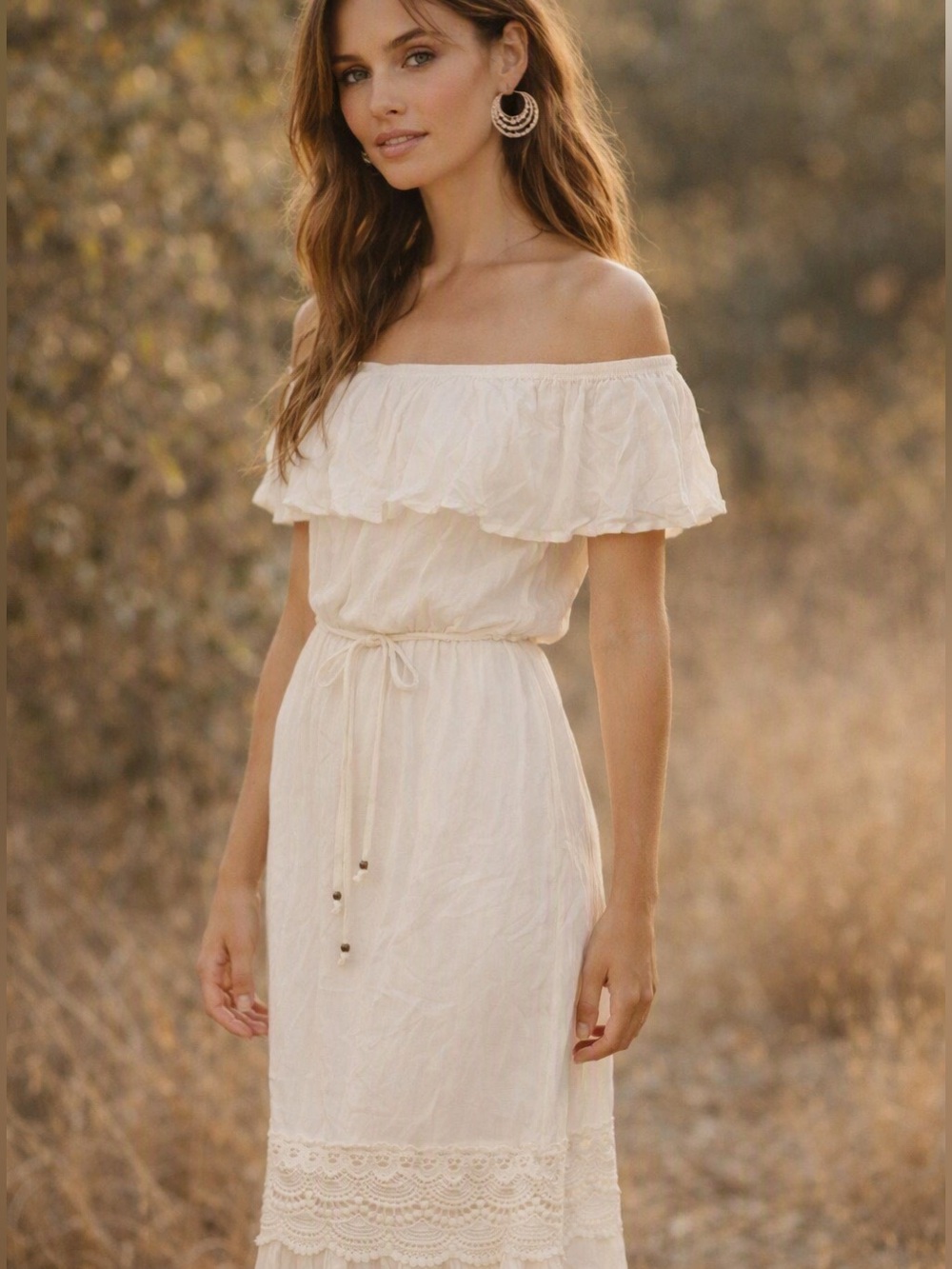 Xhilaration Women's Cream Off-Shoulder Lace Trim Maxi Dress